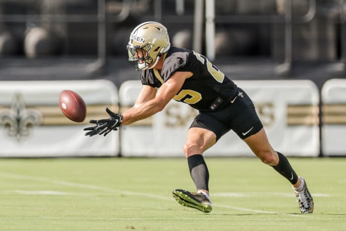 New Orleans Saints safety Daniel Sorensen (25) works on defensive drills during training camp at Ochsner Sports Performance Center. Mandatory Credit: Stephen Lew-USA TODAY Sports